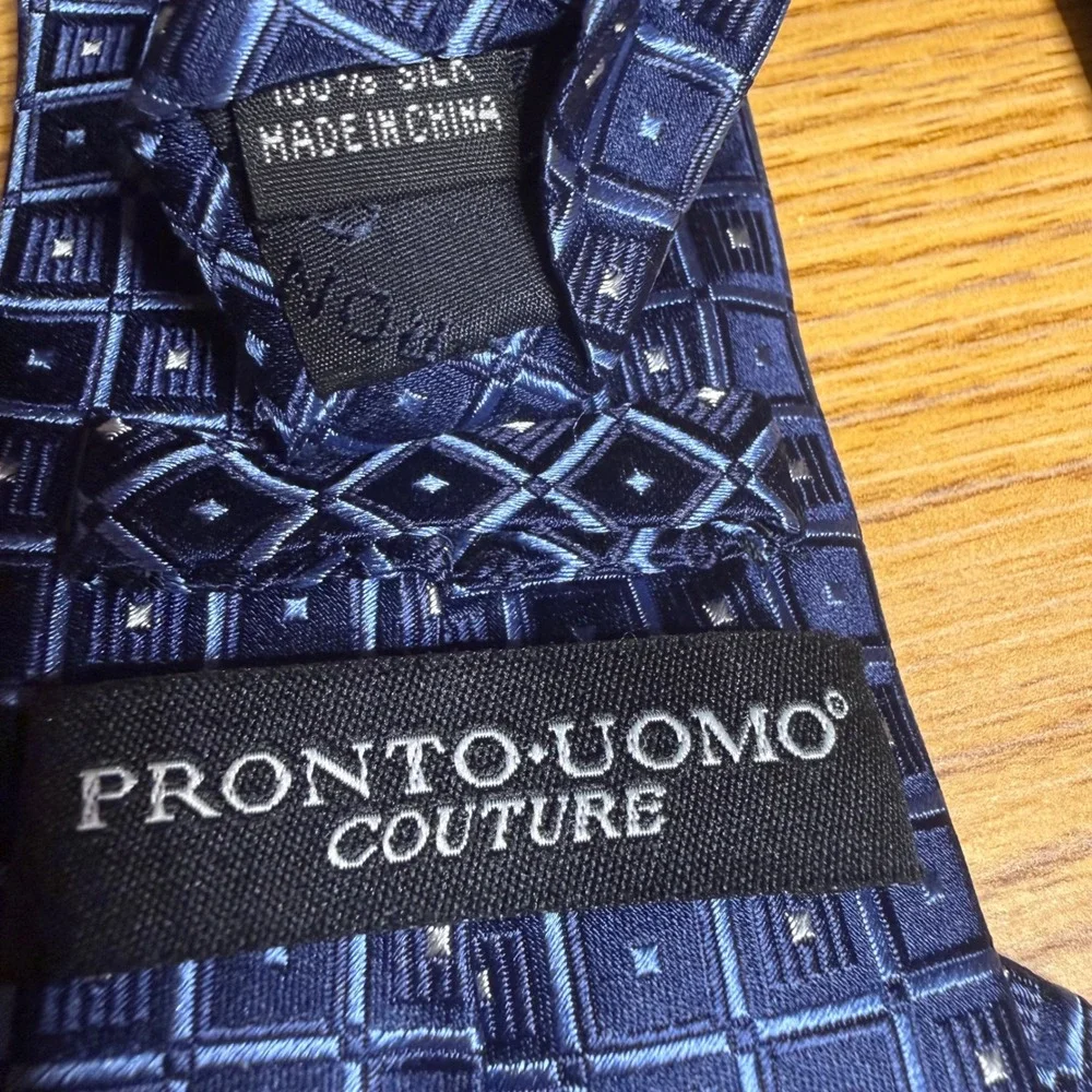 Pronto Uomo Couture Silk Tie Mens Navy Blue Geometric Square Pattern Formal 60in